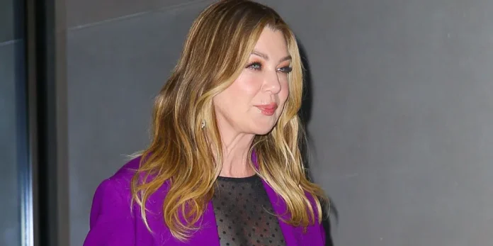 Ellen Pompeo Showed Off Her Black Bra in a Sheer Polka Dot Shirt and Bright Purple Coat