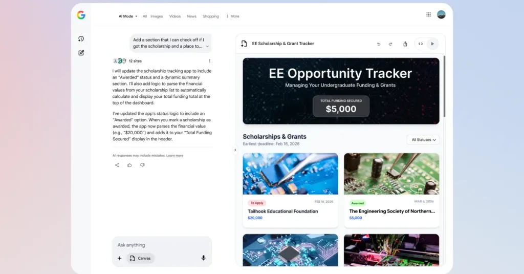 Google Canvas: AI Mode a keresésben az USA-ban